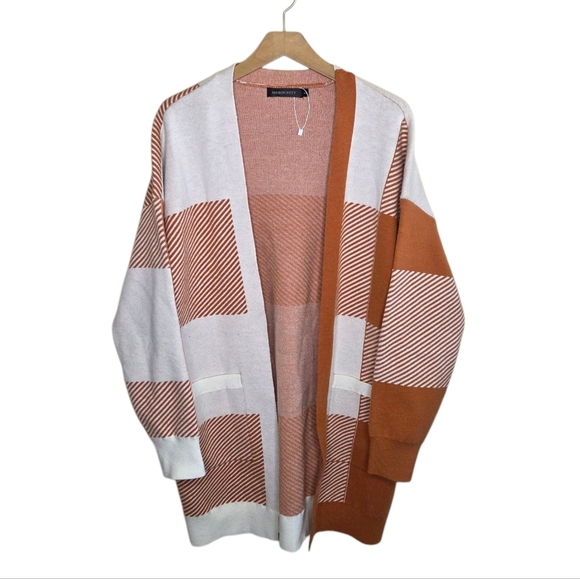 Merokeety | Rust Orange Plaid Chunky Open Front Cardigan Sweater Coat Size Large - Picture 1 of 5